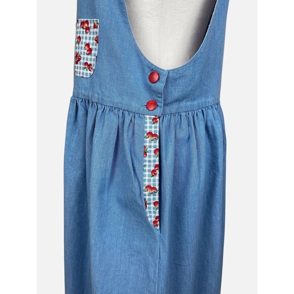 Vintage Chambray Apple Print Jumper Pinafore Dress Cottagecore Red Buttons M/L - Picture 6 of 13